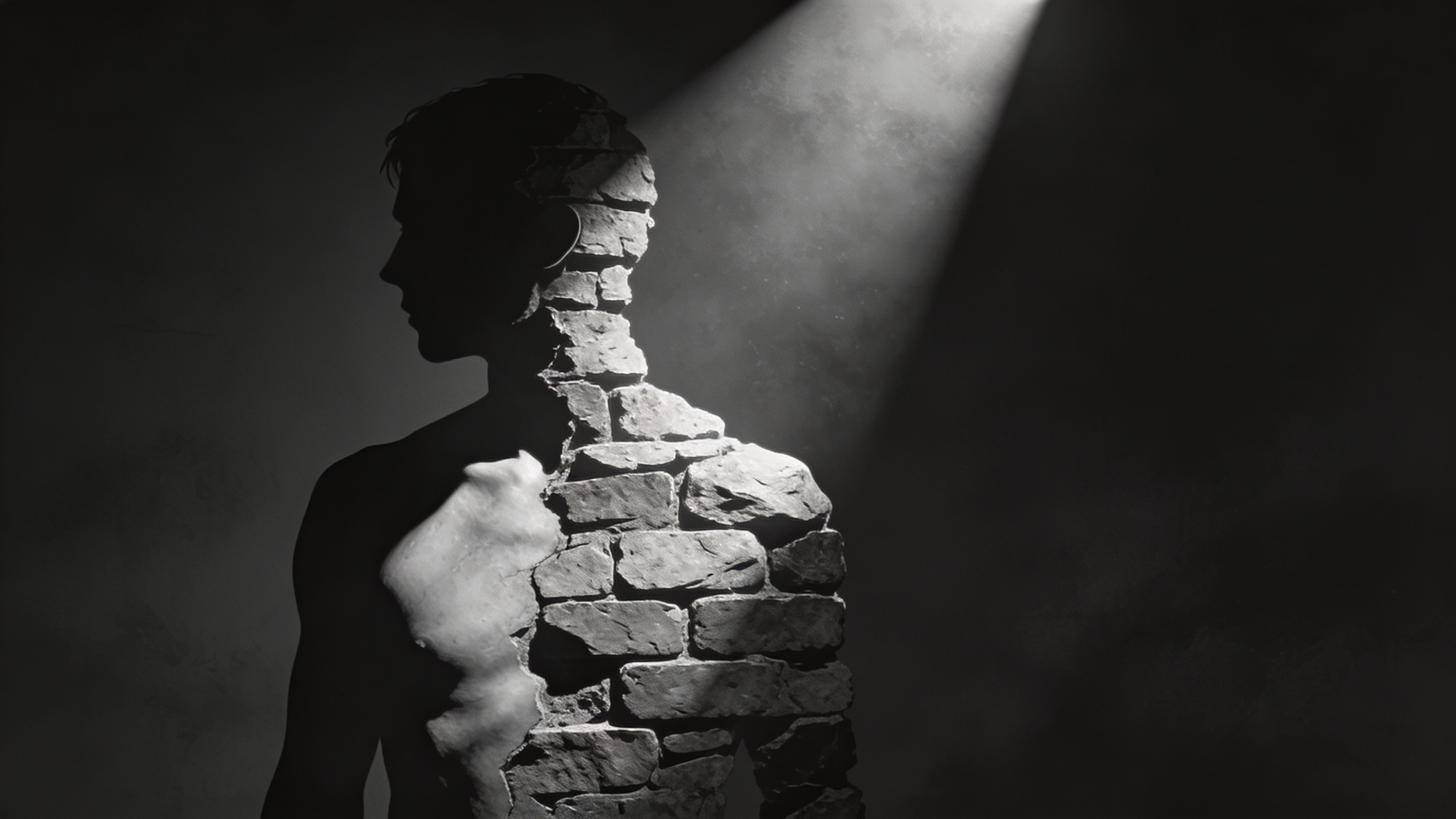 A single human silhouette in profile, dissolving from flesh on one side into rough masonry on the other — stone overtaking the body line by line, like a wall forming from within.