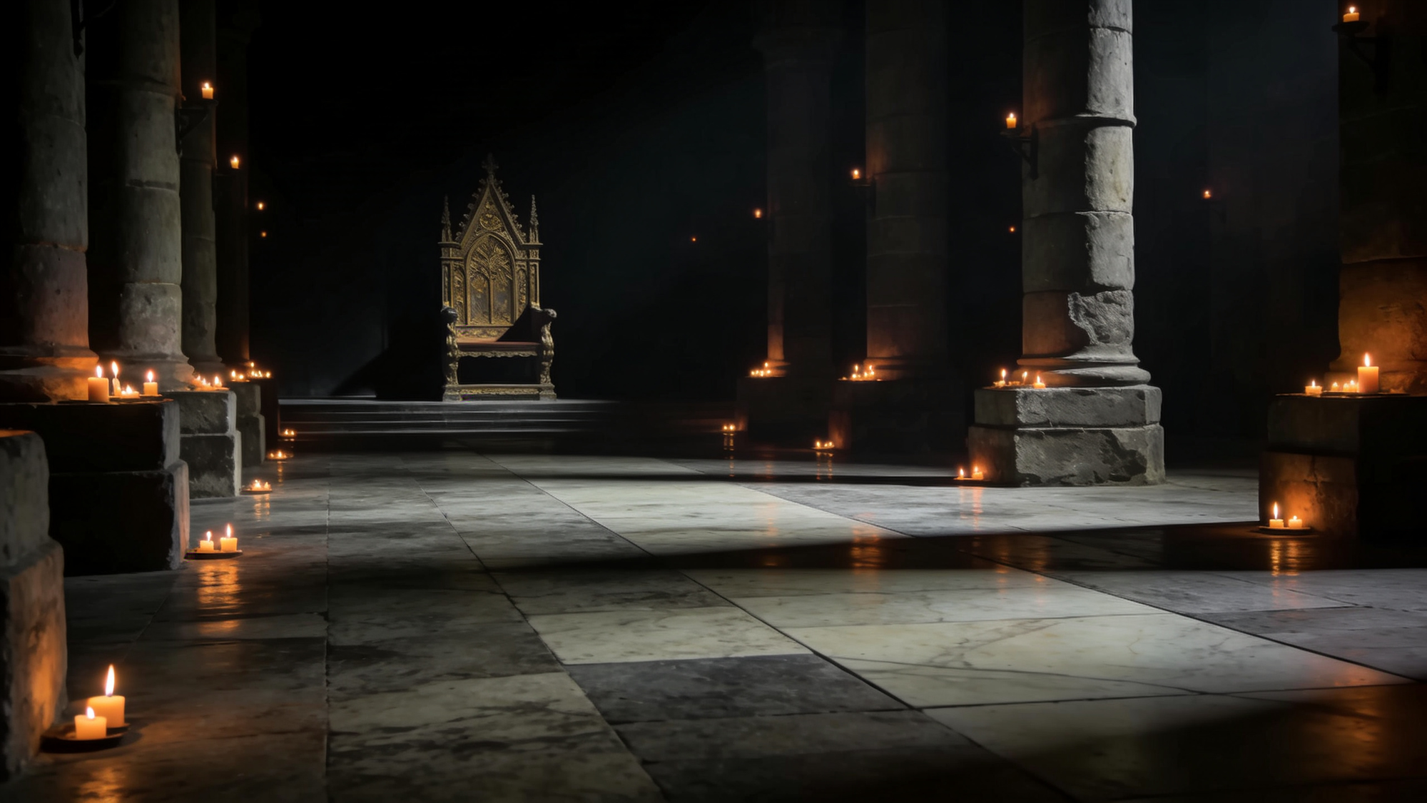 A vast empty throne room photographed in deep chiaroscuro. The throne sits at the far end of the hall in heavy shadow, ornate, abandoned, no figure on it.