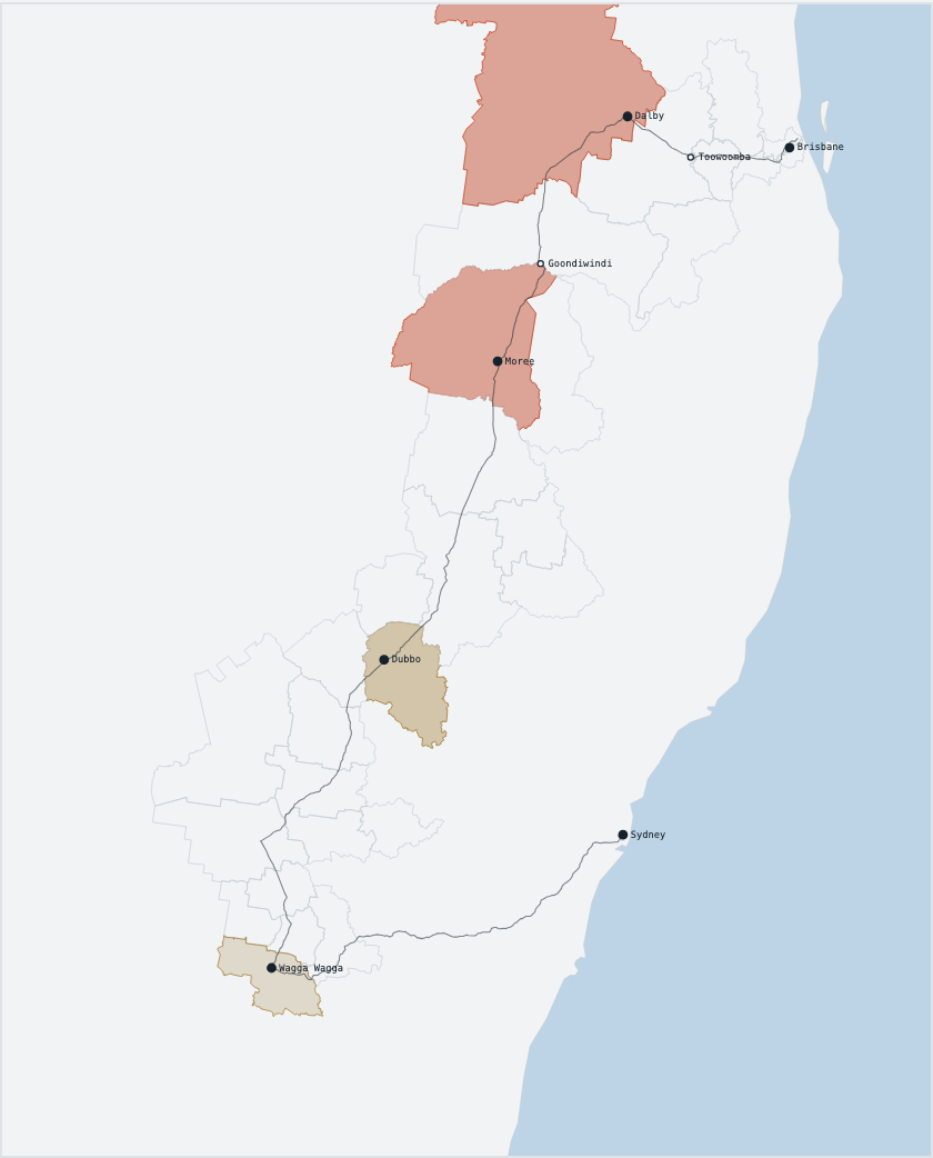 Local government areas along the route, shaded by how many of 50 forecast runs see below-normal rain. Boundaries: Australian Bureau of Statistics. Hover to magnify.