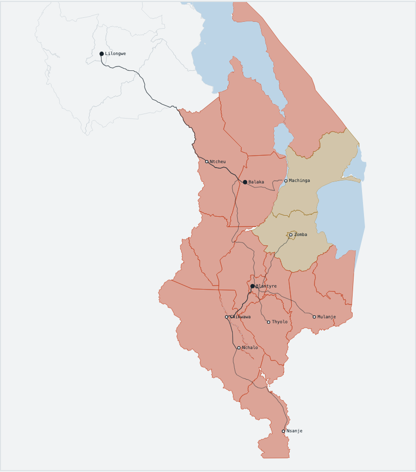 Districts shaded by DCCMS risk tier. Boundaries: OCHA / NSO Malawi. Hover to magnify.