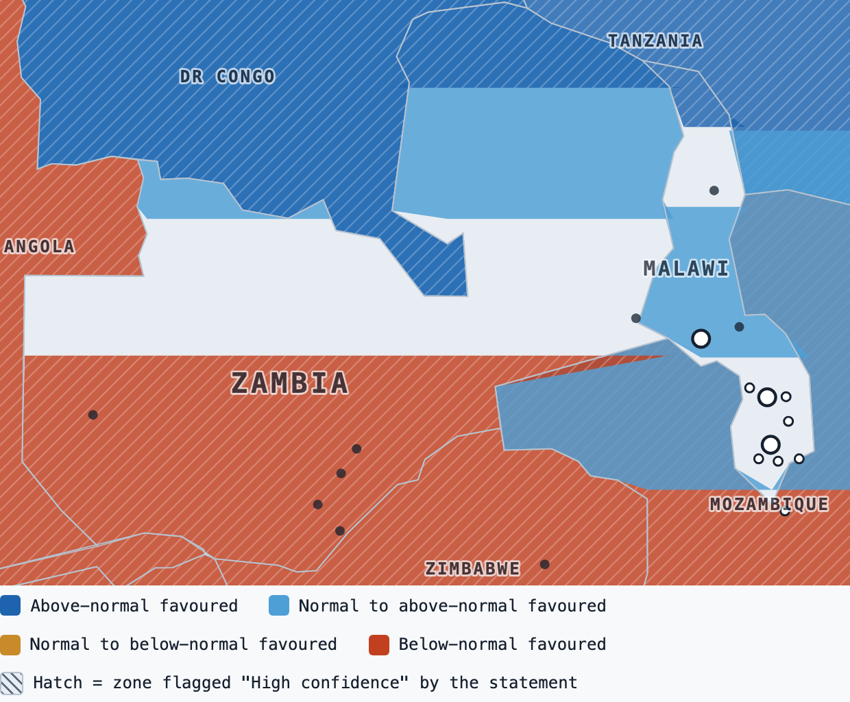 Schematic map of southern Africa for October to December 2026: the centre and south shaded dry, the north and northeast shaded wet, hatched where the forum gave high confidence; tracked sites marked.