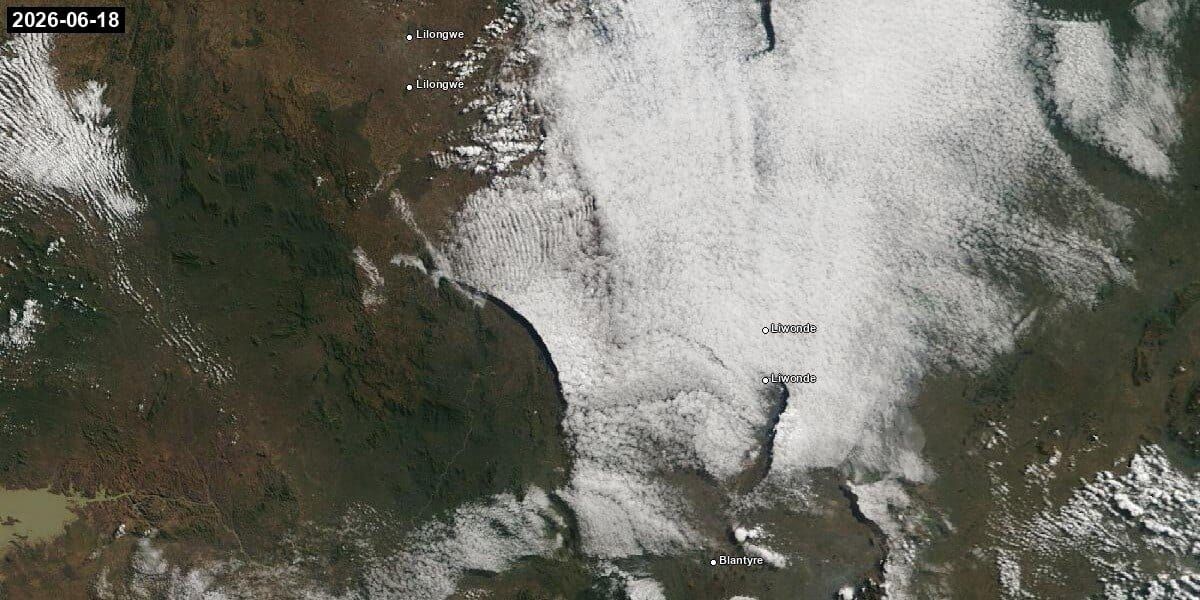 Satellite view of southern Malawi, Lilongwe to Blantyre, with Lake Malawi and the Shire valley, dry-season brown under scattered cloud.