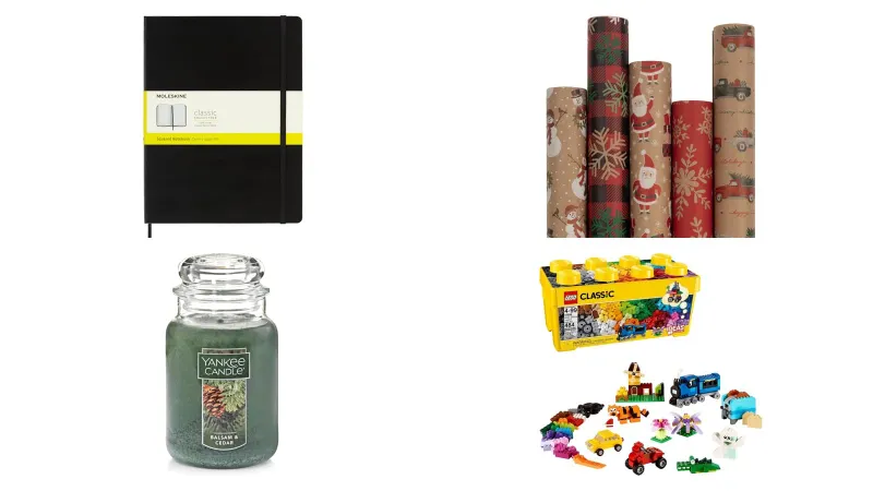 Moleskine notebook, JAM Paper kraft gift wrap, Yankee Candle Balsam & Cedar, and LEGO Classic brick box — real Amazon product photos for the one-list gift rule