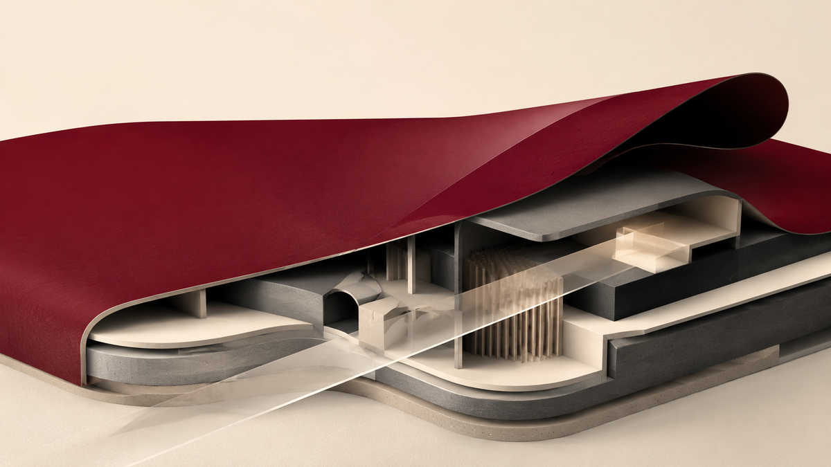 Abstract cutaway illustration of a burgundy surface lifted to reveal layered gray and cream structures underneath.