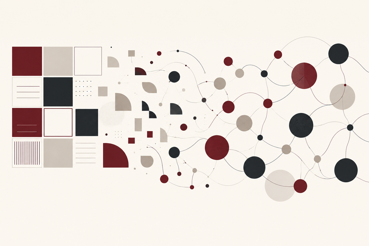 Abstract geometric shapes transition from a rigid grid into an interconnected network, symbolizing the shift from formal membership structures to relationships and belonging.