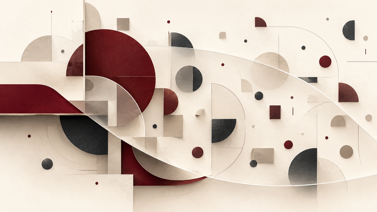 Abstract burgundy, charcoal, and taupe shapes on an ivory background, with a translucent curved layer crossing both large forms and smaller scattered marks.