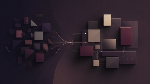 Disconnected geometric components converging into a coherent organizational system.