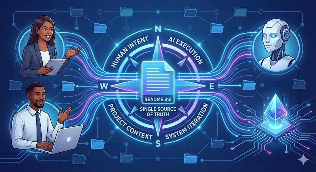 Diagram showing a README file acting as a central bridge between human users and AI agents.