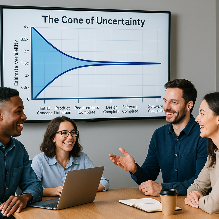 Four professionals in a conference room reviewing the Cone of Uncertainty chart on a screen.