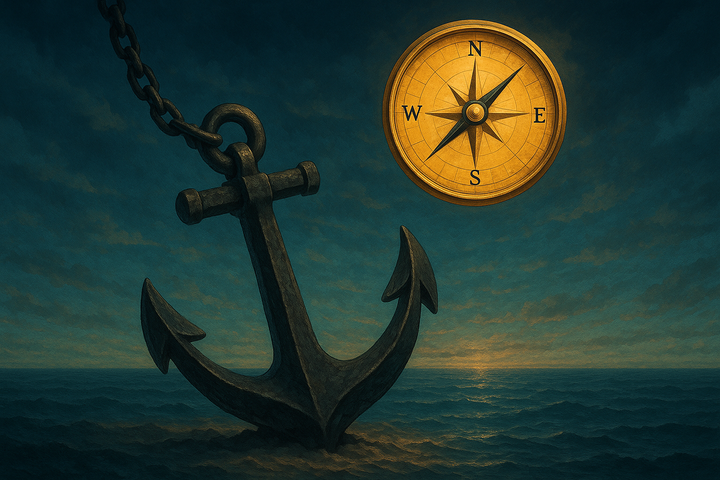 Illustration of an anchor embedded in the ocean floor beneath a glowing compass, symbolizing stability and strategic direction in SWOT analysis.