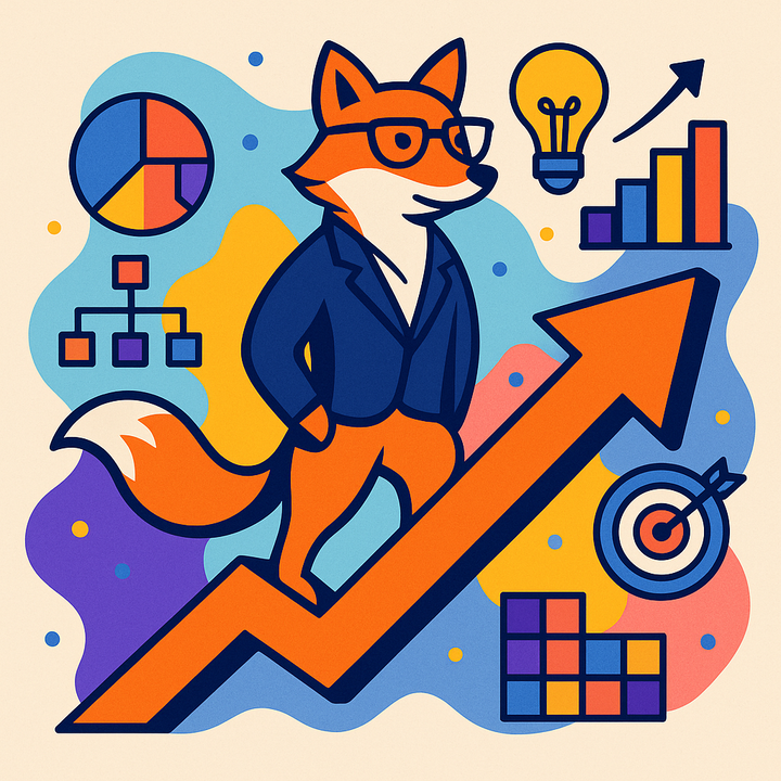 A modern illustration of a confident fox in a business suit standing on an upward arrow, surrounded by icons like pie charts, graphs, and a lightbulb representing strategy.