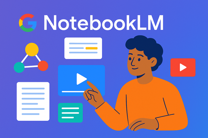 Illustration of a person using Google NotebookLM surrounded by icons for video, notes, and mind maps.