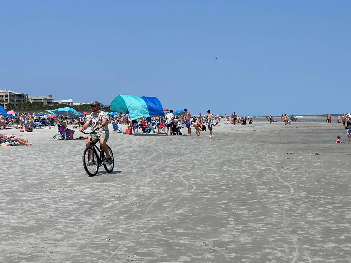Beach cruiser and crowds on Hilton Head Island beaches.