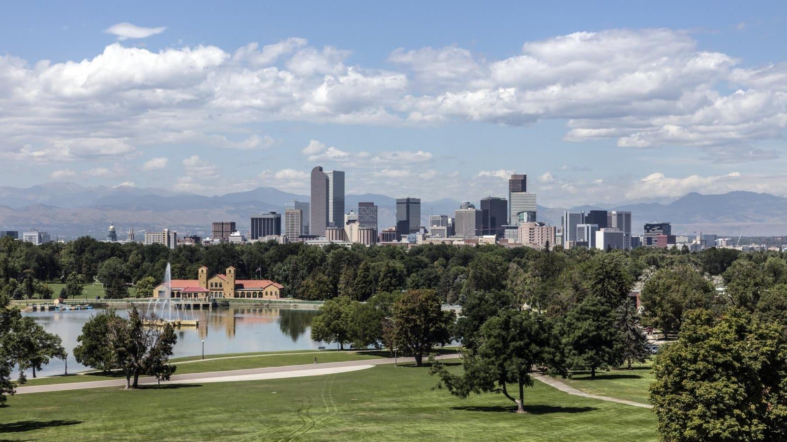 The Denver skyline across Ferril Lake in City Park