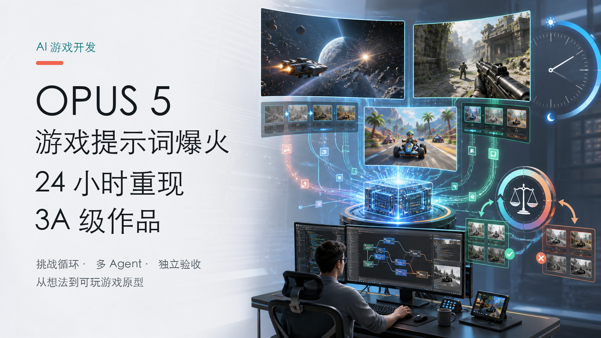 Opus 5 AI 游戏开发封面：一个 AI 核心把提示词和代码转化为科幻、射击与卡丁车游戏场景，并通过独立评审循环持续改进。