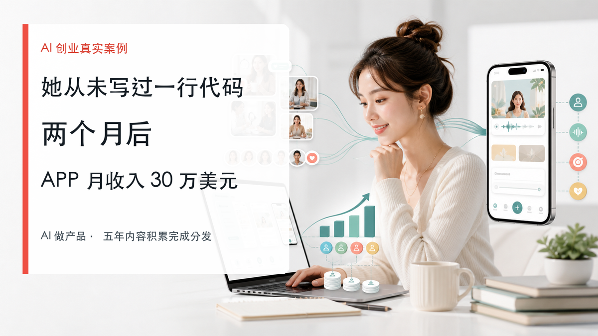 AI 创业封面：一位非技术女性创作者使用 AI 构建个性化手机应用，并把社交媒体受众转化为订阅增长。