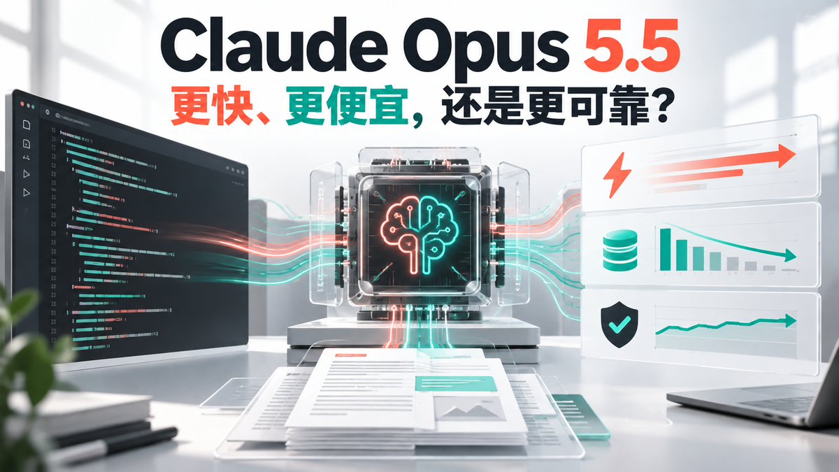 Claude Opus 5.5 面向长时间编码与知识工作的发布解读，展示性能、速度和成本对比