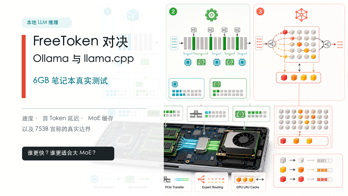 FreeToken、Ollama 与 llama.cpp 在 6GB 笔记本上的 MoE 推理架构对比