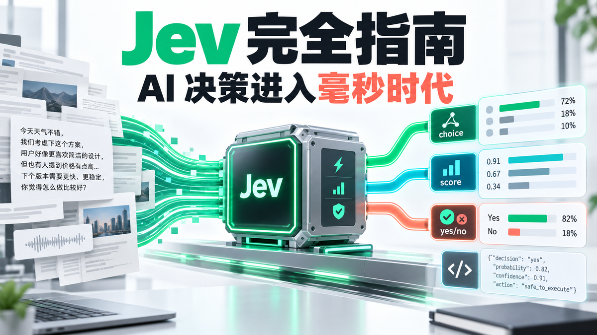 Jev System One AI 将非结构化信息转换为 Choice、Score 和是非概率决策，展示毫秒级速度与类型安全输出