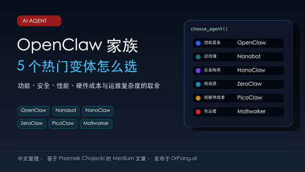 OpenClaw 家族五个热门变体选型图，比较 Nanobot、NanoClaw、ZeroClaw、PicoClaw 与 Moltworker