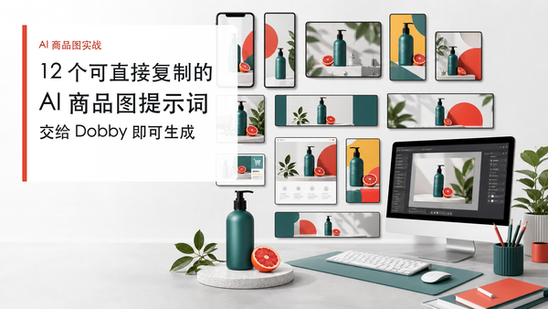十二个可直接复制的 AI 商品图提示词封面：同一绿色产品在手机、网站、广告和社交媒体等多种营销版式中展示，并提示可交给 Dobby 生成
