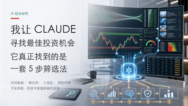 Claude AI 投资研究封面：实时市场数据经过五步筛选，形成包含趋势、支撑阻力、催化剂和风险控制的候选清单。