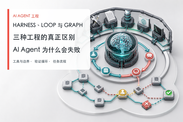 AI Agent 工程封面：中央模型被工具与权限框架、验证循环和任务流程图包围，并展示人工审批、失败与成功路径。