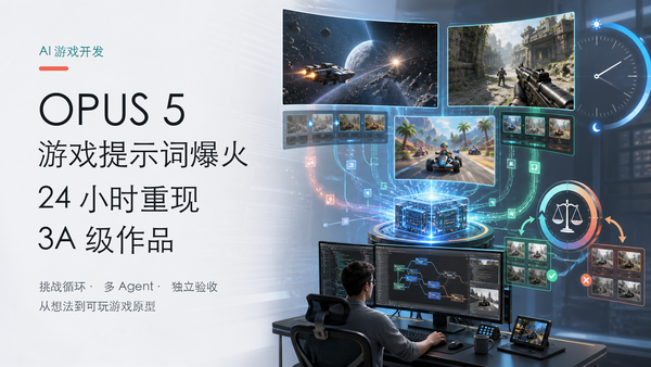 Opus 5 AI 游戏开发封面：一个 AI 核心把提示词和代码转化为科幻、射击与卡丁车游戏场景，并通过独立评审循环持续改进。