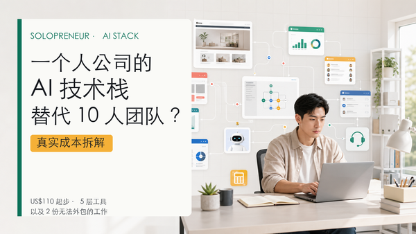 独立创业者在明亮办公室中通过网站、设计、邮件、CRM、客服、记账、自动化与 AI 模块运营一个人公司