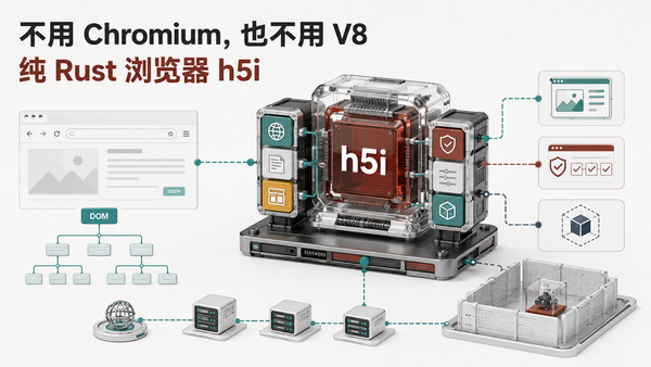 h5i 纯 Rust AI Agent 浏览器架构图，展示结构化页面、网络策略、审计和沙箱