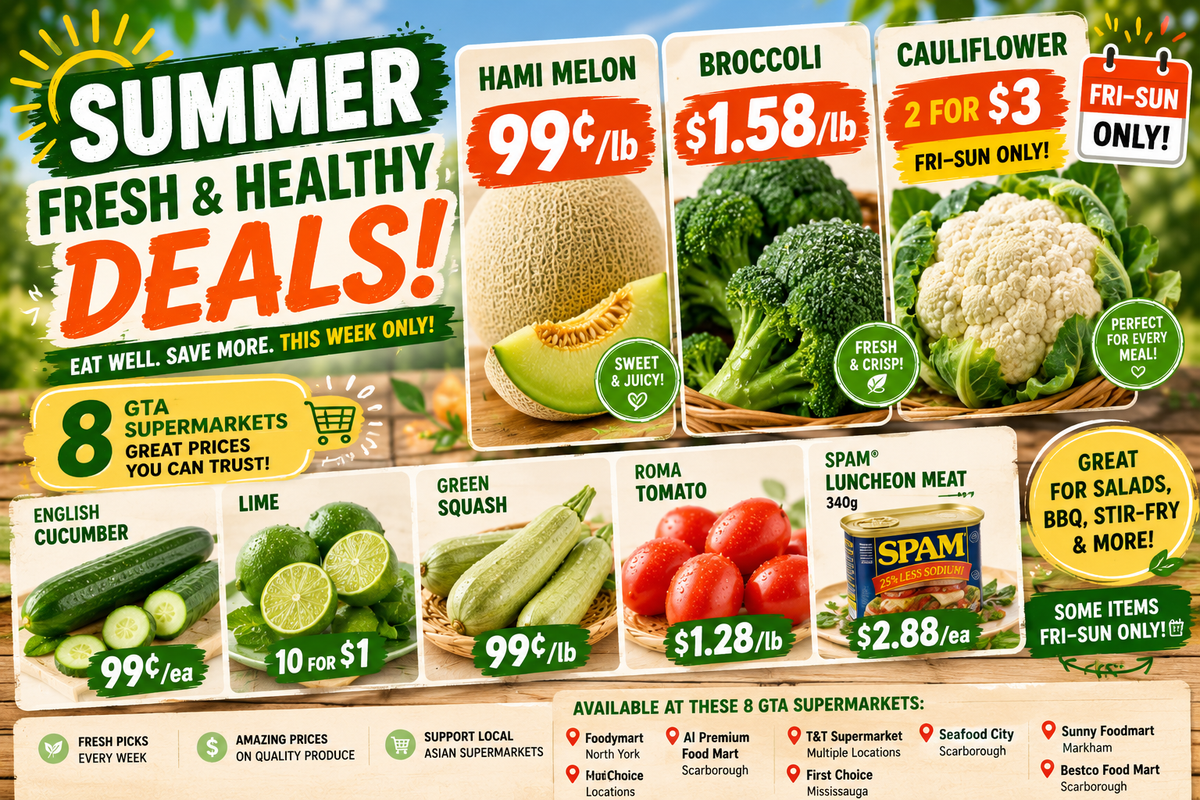 多伦多夏日轻食特惠：哈密瓜99¢/lb 西兰花$1.58/lb 花椰菜限周五六日2/$3（2026年6月12-18）