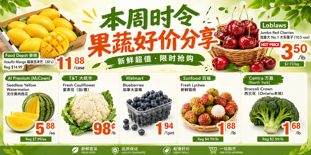 Toronto Mid-Summer Produce Deals: Lychee $1.88/lb (Save 62%), Canada Cherries $3.50/lb, Yellow Watermelon $5.88 (July 2026)