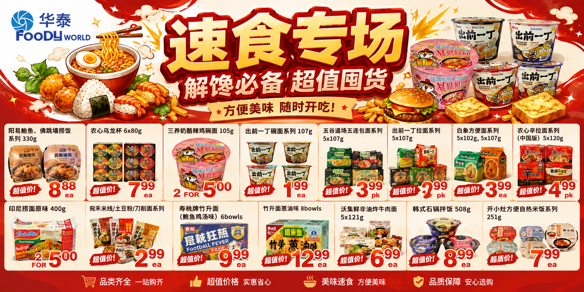 多伦多华泰超市速食专场：鲍鱼捞饭$8.88 三养辣鸡碗2/$5 自热米饭$7.99（2026年7月）