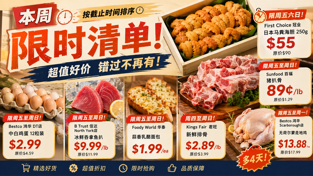 多伦多超市周末限定：日本海胆250g仅$55 吞拿鱼扒$9.99/lb 猪扒骨89¢（2026年7月10-16）