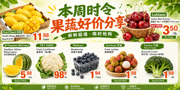 Toronto Mid-Summer Produce Deals: Lychee $1.88/lb (Save 62%), Canada Cherries $3.50/lb, Yellow Watermelon $5.88 (July 2026)