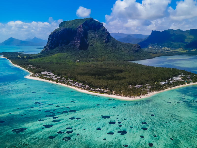 Landscape view of Mauritius mountain, lagoon and coastline