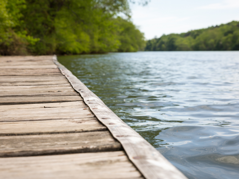 Closeup of a dock over lake water with trees in the background