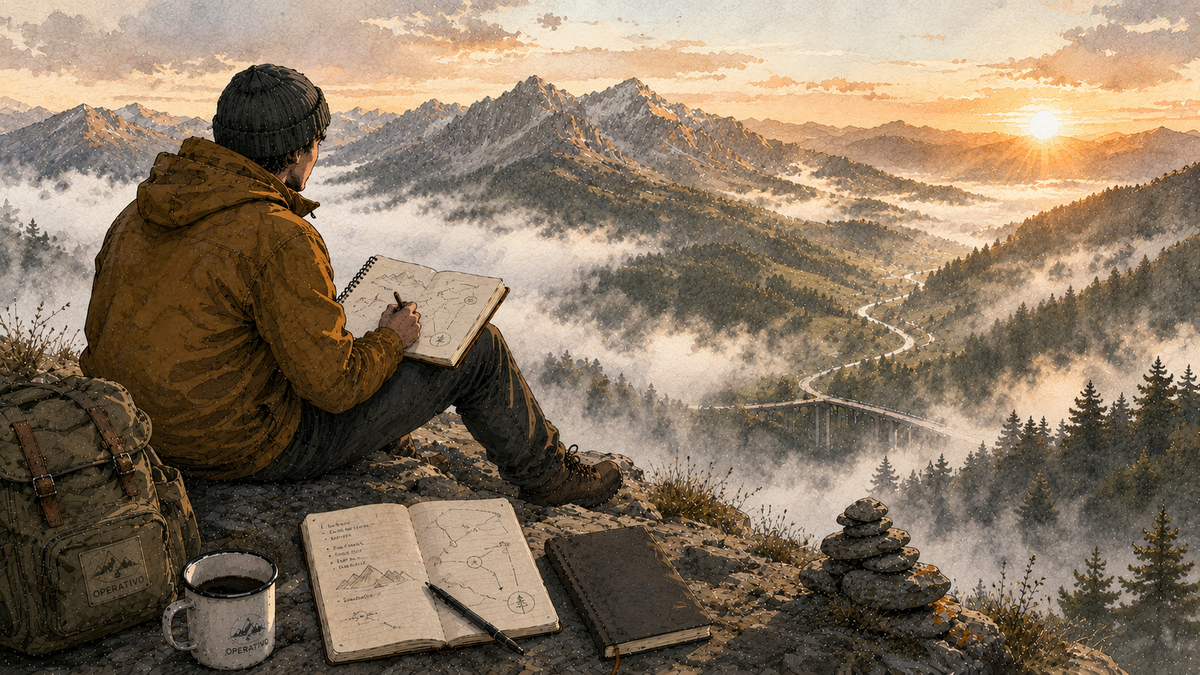 Una persona osserva una valle montana all'alba da un punto sopraelevato, prendendo appunti su un taccuino mentre la nebbia lascia emergere il paesaggio.