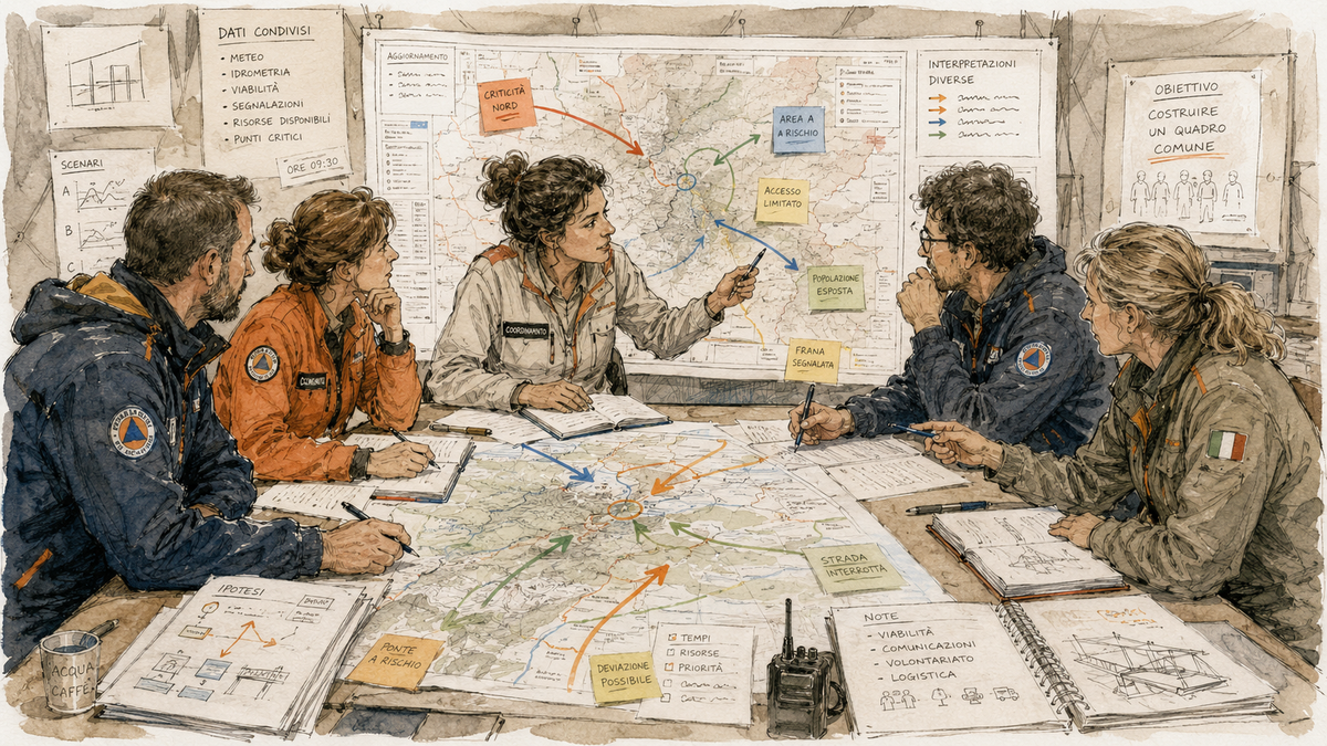 Gruppo di operatori riuniti attorno a mappe e dati condivisi mentre confrontano interpretazioni diverse della stessa situazione per costruire un quadro comune.