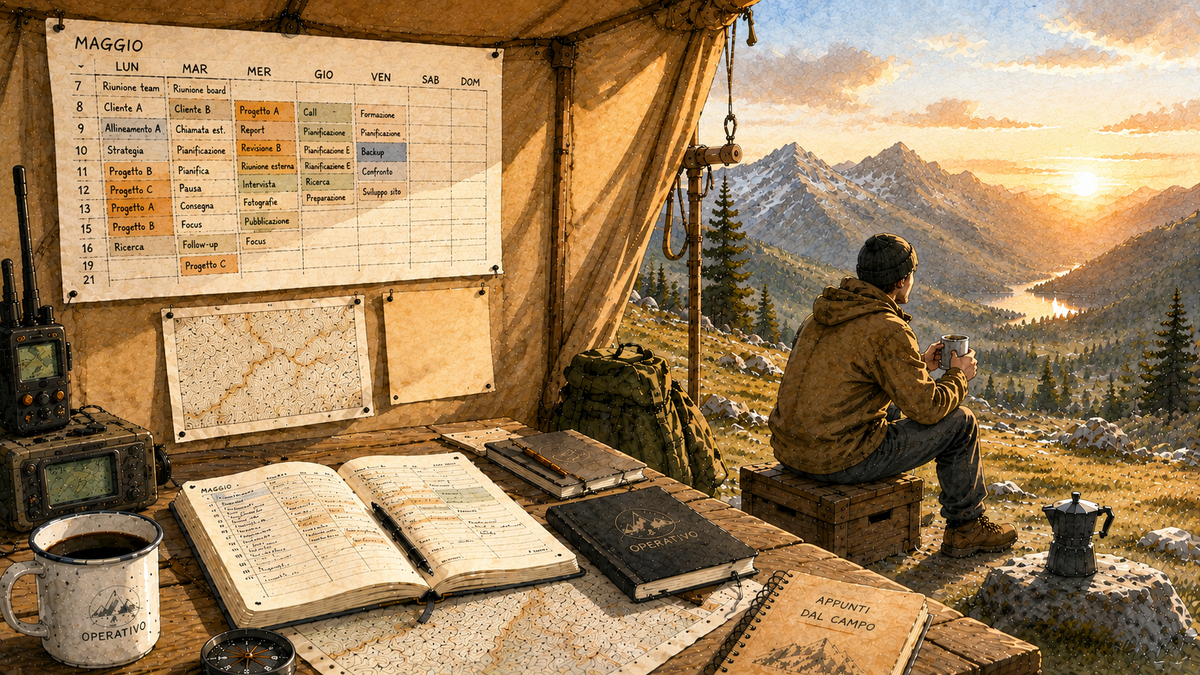 Una persona seduta all'ingresso di una tenda osserva una valle montana al tramonto, mentre accanto un calendario e alcuni appunti occupano solo una parte dello spazio.