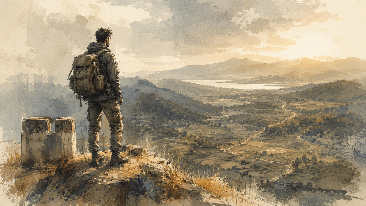 Persona che osserva una valle dall'alto per orientarsi prima di scegliere la direzione da seguire.