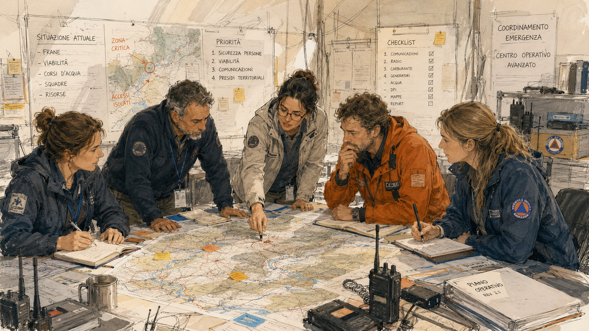 Gruppo di operatori riuniti attorno a una grande mappa durante una discussione operativa, mentre analizzano insieme possibili direzioni.