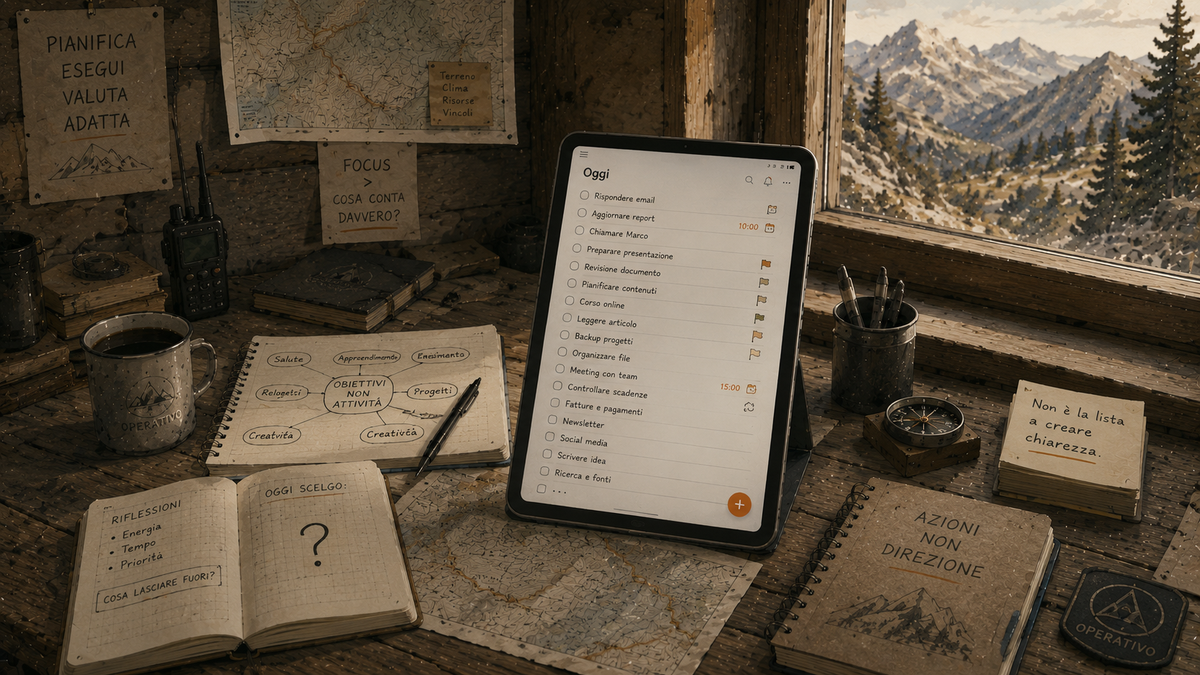 Un tablet con una lista di attività è circondato da mappe, taccuini e appunti in un rifugio di montagna, tra strumenti di pianificazione e riflessioni sulle priorità.
