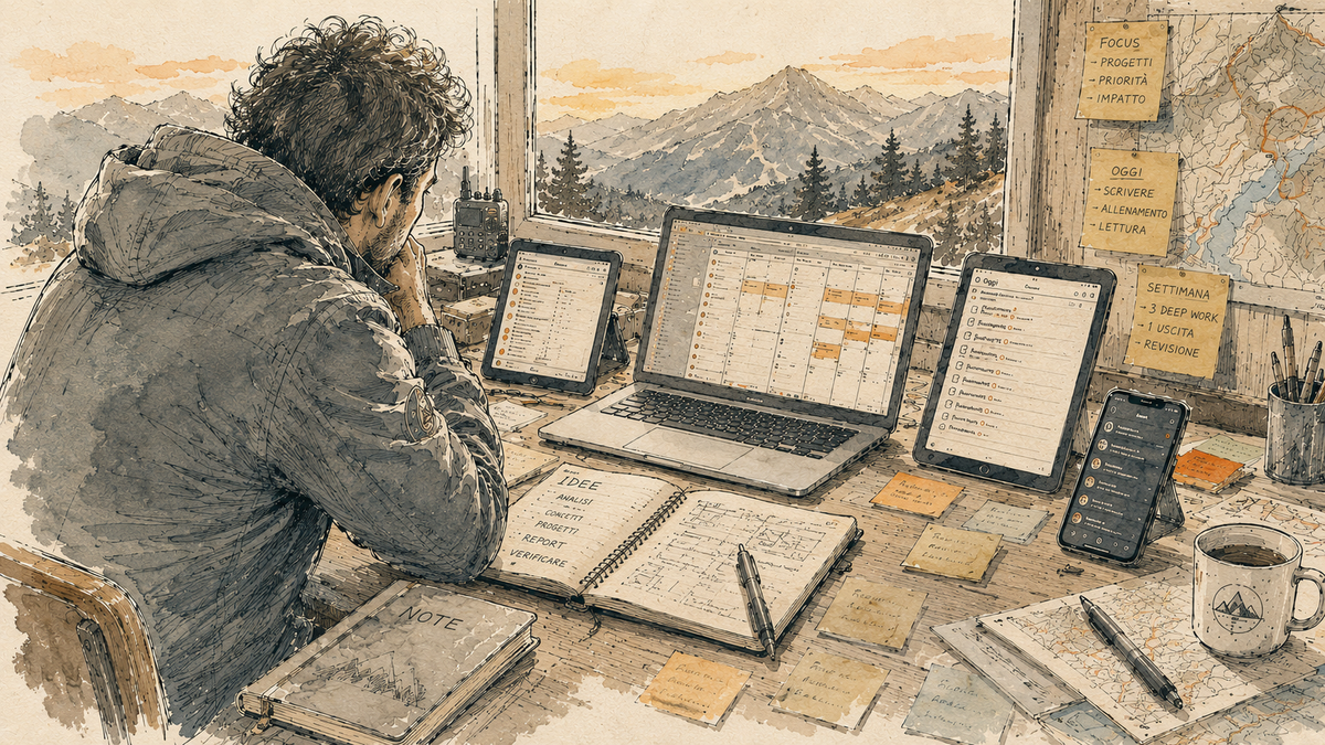 Una persona osserva una scrivania piena di appunti e strumenti digitali davanti a una finestra affacciata sulle montagne, mentre cerca di orientarsi tra troppe informazioni e attività.