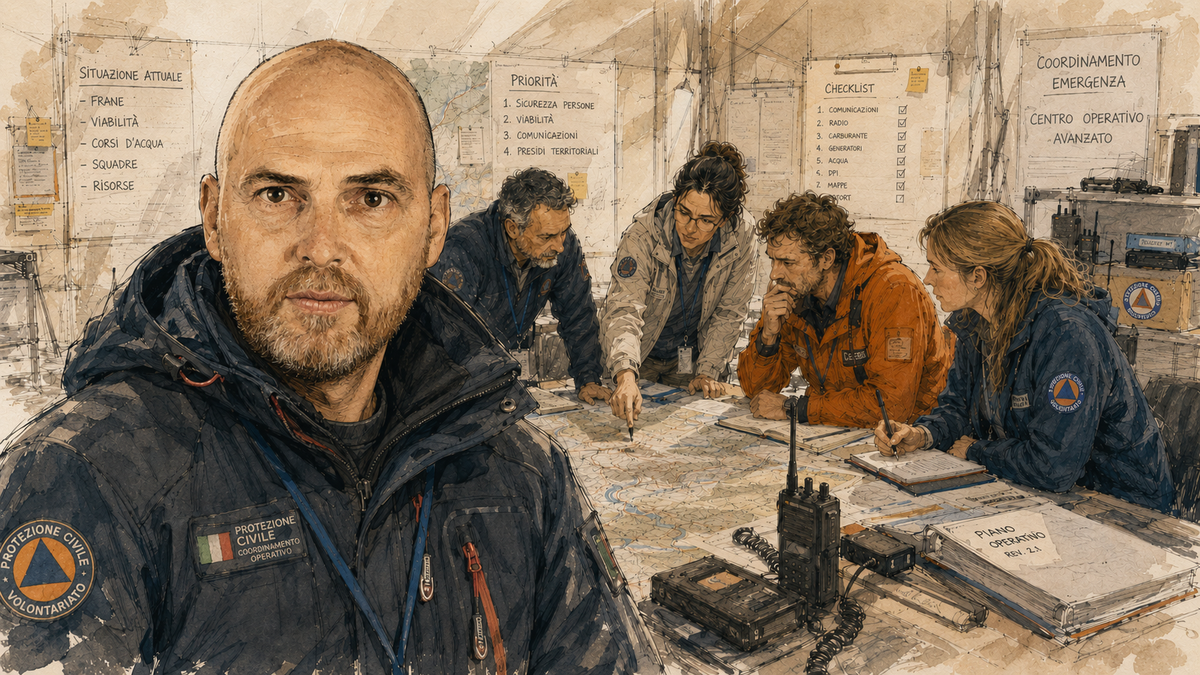 Persona in primo piano davanti a una squadra riunita attorno a una mappa durante un'attività di coordinamento operativo.