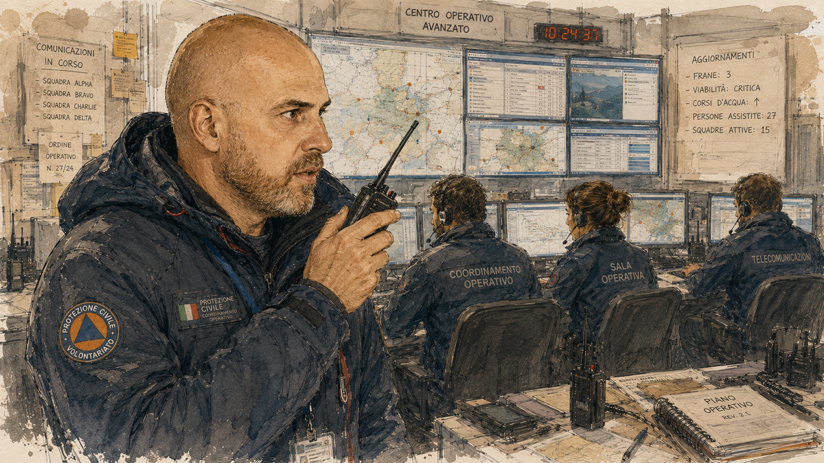 Persona che comunica via radio in un centro operativo mentre una squadra segue gli aggiornamenti e coordina le attività.
