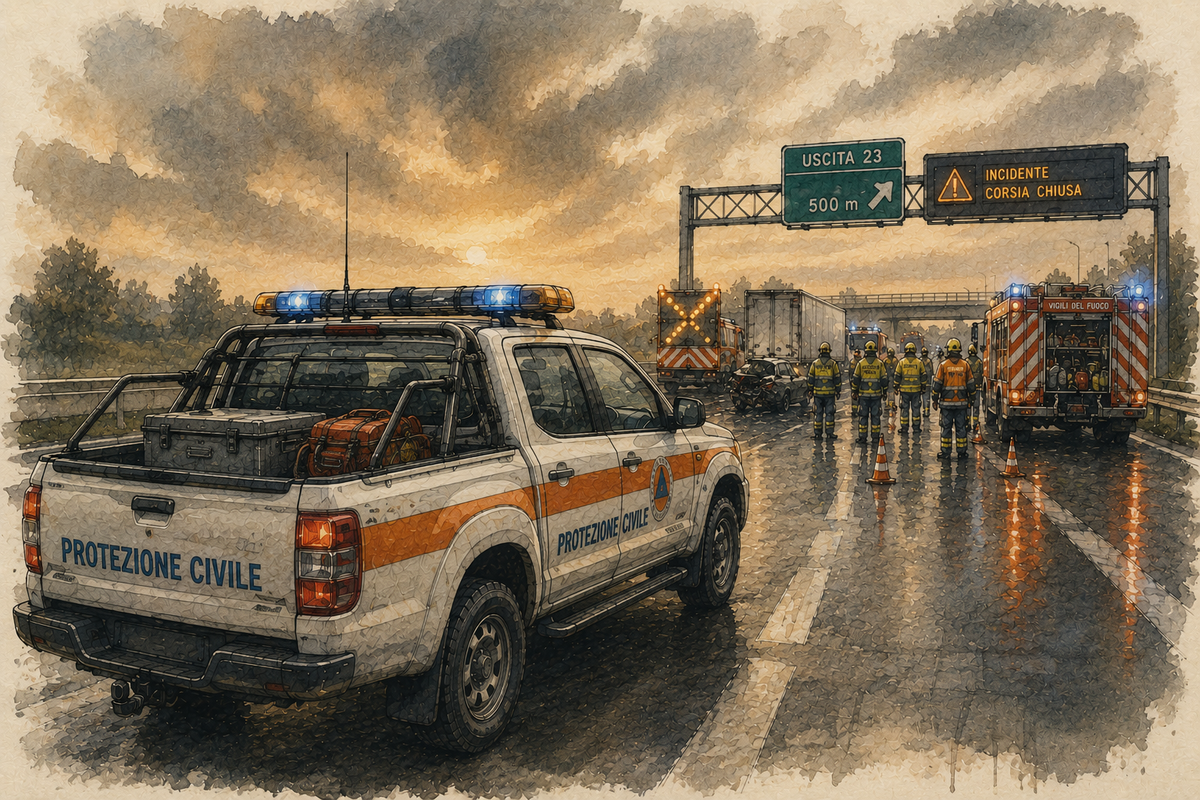 Un mezzo di soccorso tecnico protegge un intervento in autostrada mentre le squadre operative lavorano in sicurezza attorno all'area dell'incidente.
