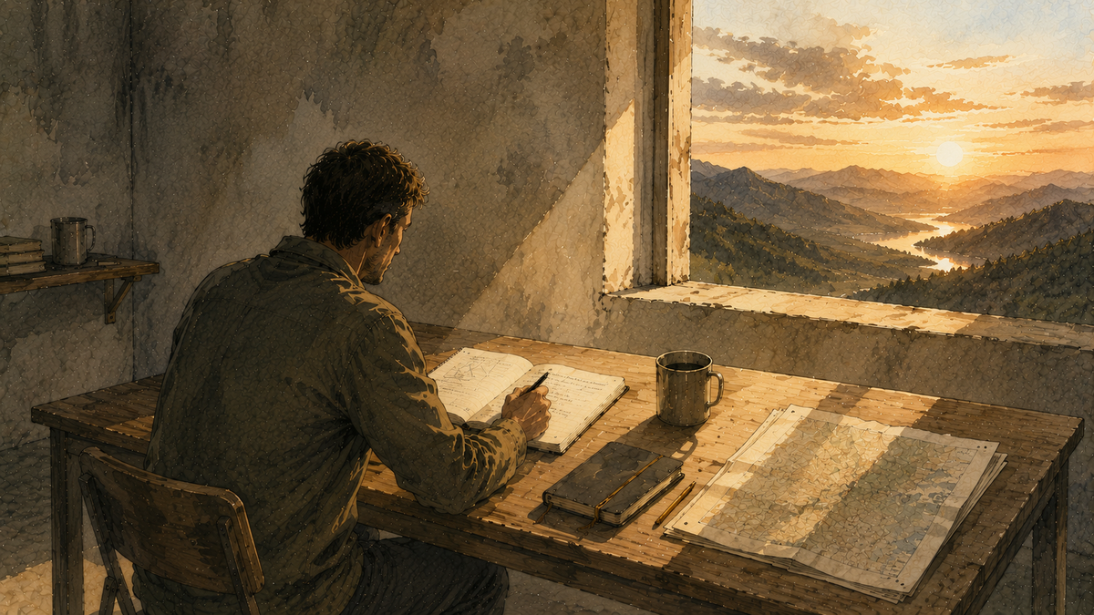 Uomo seduto a un tavolo in una stanza essenziale, mentre scrive su un quaderno illuminato dalla luce proveniente da una finestra.