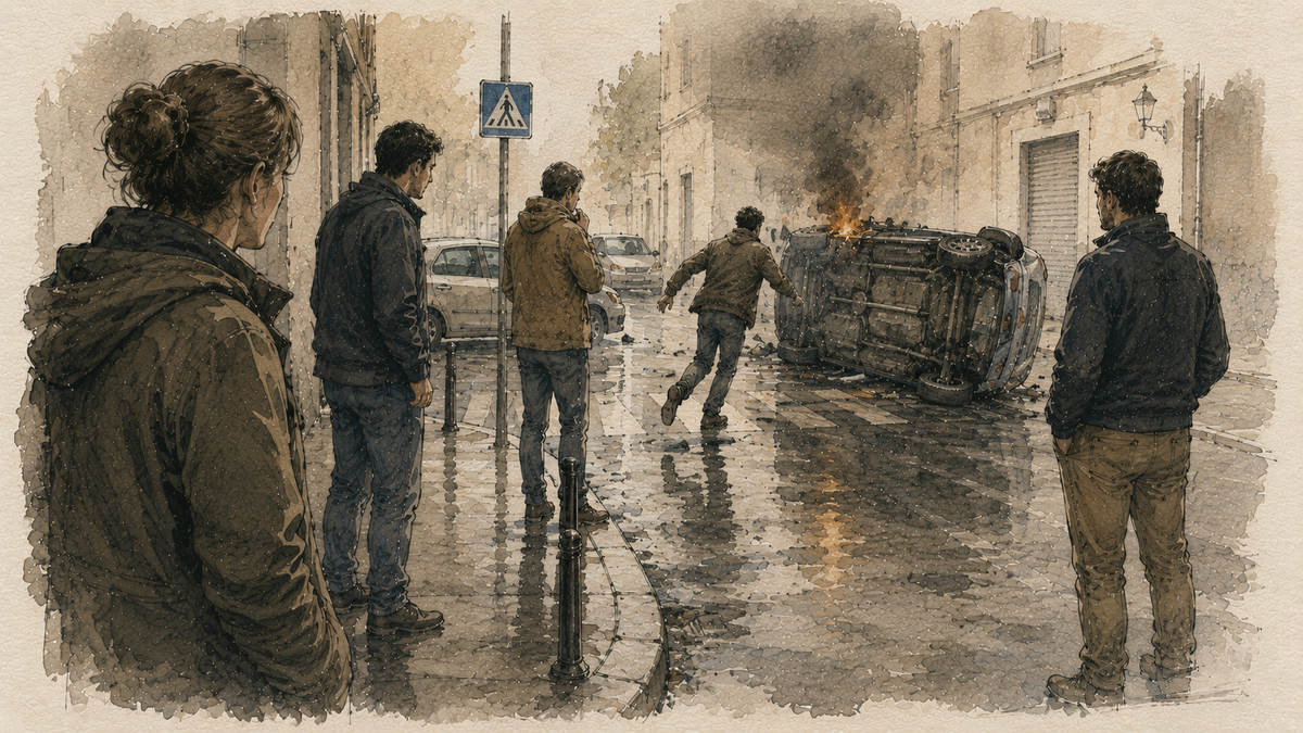 Un uomo si stacca dalla folla e corre verso un'auto ribaltata in fiamme mentre gli altri osservano la scena.