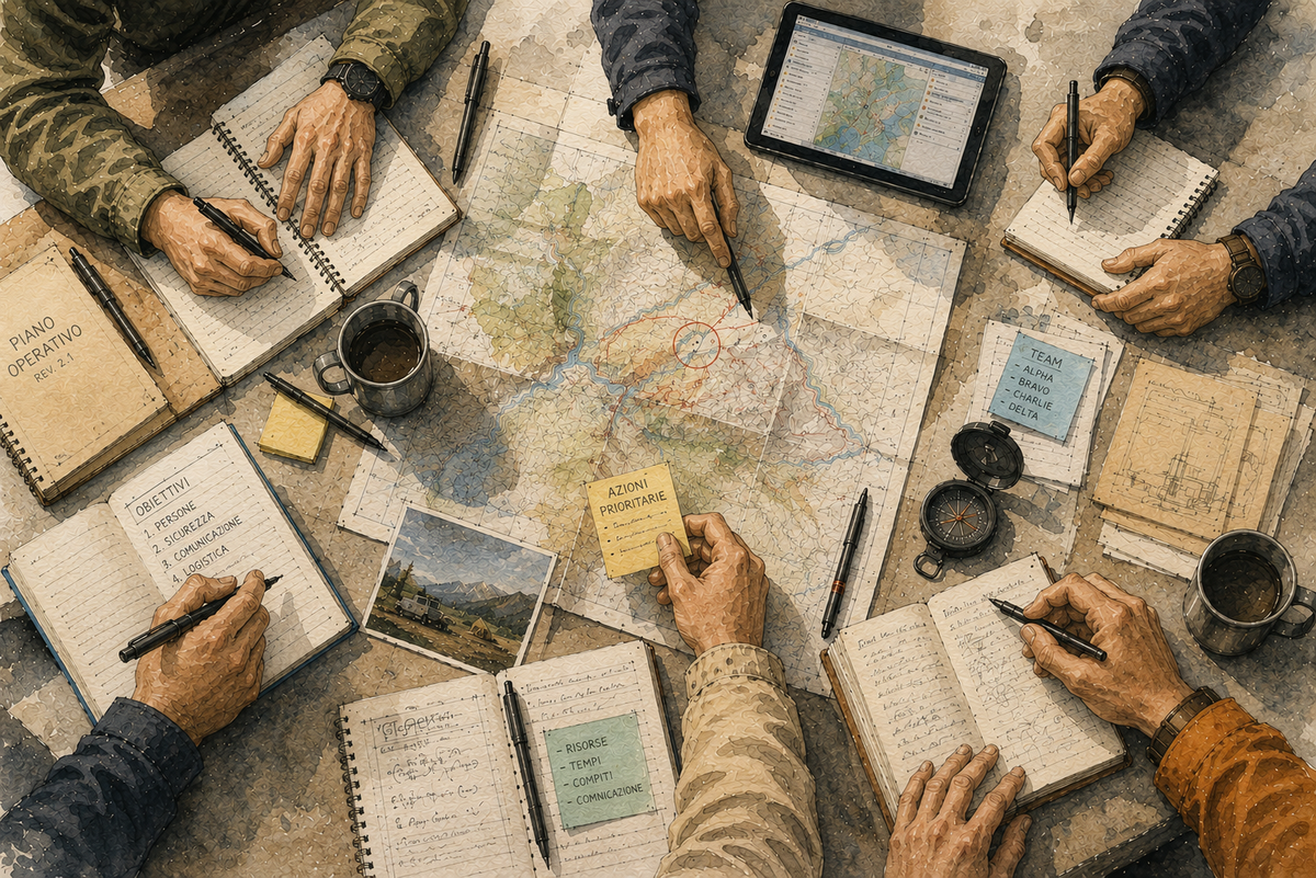Un gruppo di persone collabora attorno a una mappa, prendendo appunti e condividendo idee per pianificare insieme un'attività.
